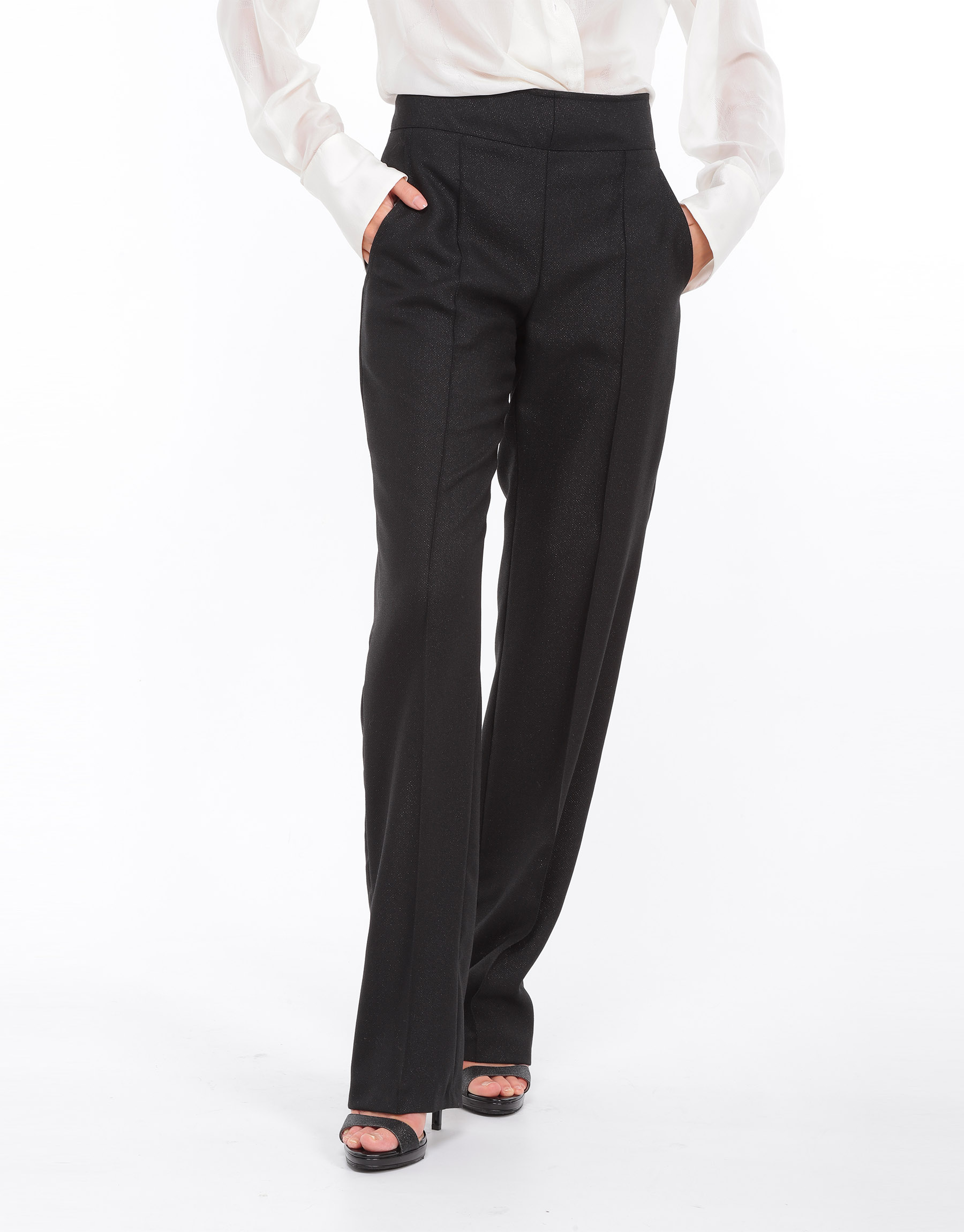 Black iridescent wool or red cotton and silk high-waisted straight trousers